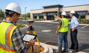 Surveyor conducting an as-built survey while a contractor and project manager review a completed commercial building