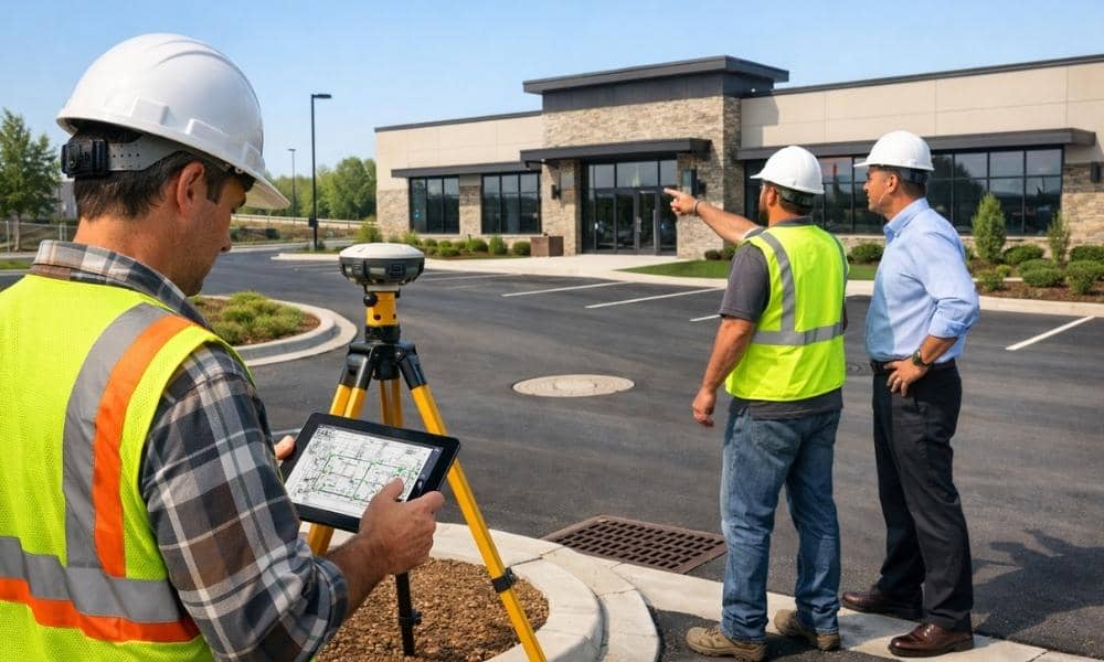 Surveyor conducting an as-built survey while a contractor and project manager review a completed commercial building