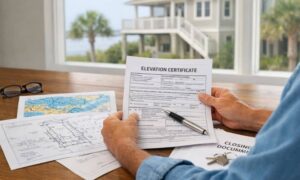 Homeowner reviewing an elevation certificate and closing documents for a coastal property near a flood zone