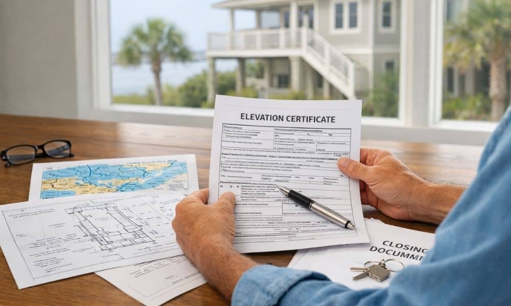 Homeowner reviewing an elevation certificate and closing documents for a coastal property near a flood zone