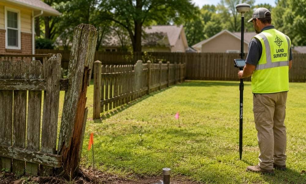 Surveyor using GPS equipment to locate a property line near an old fence with a missing corner marker
