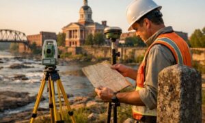 Historic landmarks in metes and bounds survey - ALTA SURVEY Georgia A land surveyor reviews a historic property deed beside a stone boundary marker while using GPS equipment during a metes and bounds survey in Columbus, Georgia