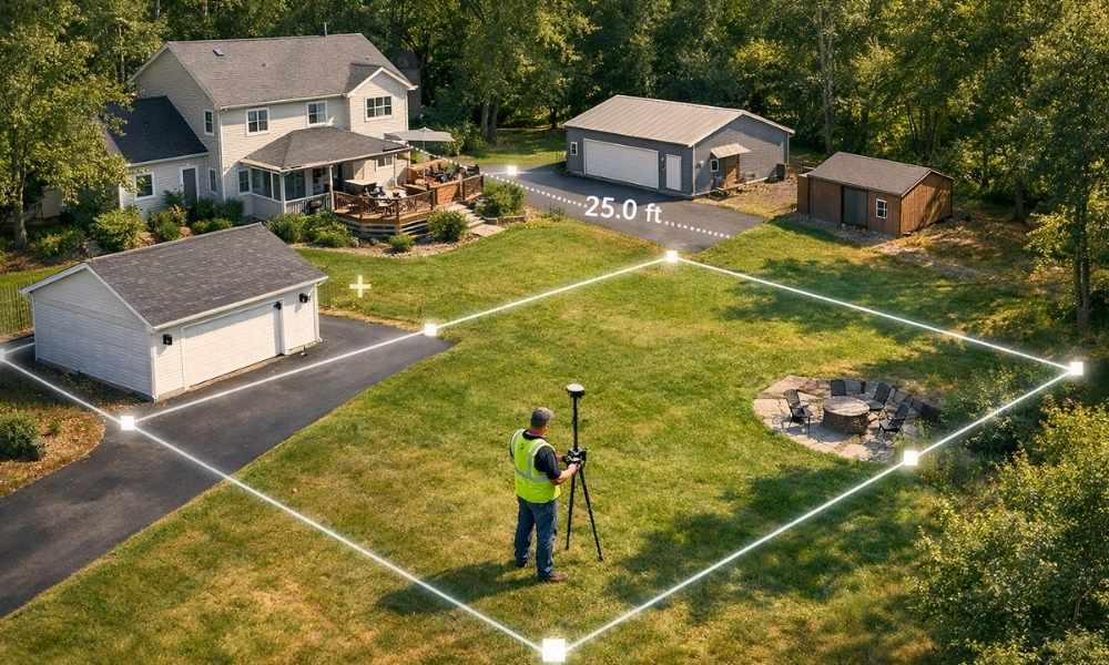 Land surveyor conducting a house survey on a residential property with detached garages, workshops, and clearly marked property boundaries