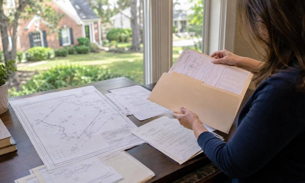 Land surveying records atlanta property owner - ALTA SURVEY Georgia Atlanta property owner organizing land surveying records, survey plats, and closing documents at home after closing day