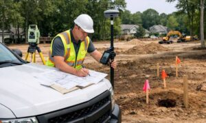 Licensed land surveyor reconstructing a property boundary using GPS surveying equipment and recorded plats after original boundary markers were lost