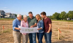 Multigenerational family reviewing site plans on a shared residential lot with survey stakes before building a family compound