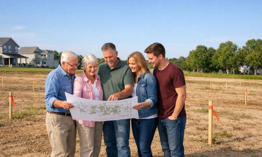 Multigenerational family reviewing site plans on a shared residential lot with survey stakes before building a family compound