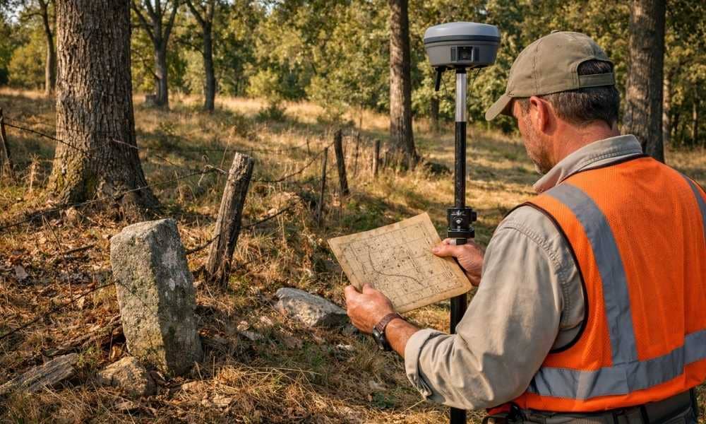 Surveyor using a historic deed and GPS equipment to reconstruct a metes and bounds property boundary with an old stone marker and fence line