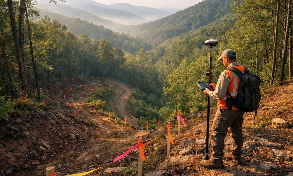 A land surveyor stands beside a marked mountain road route during a topographic survey on a wooded property