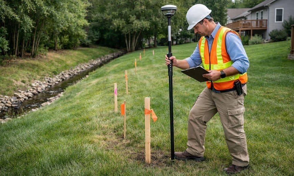 Professional land surveyor marking a proposed fence installation boundary near a residential drainage easement using GPS surveying equipment