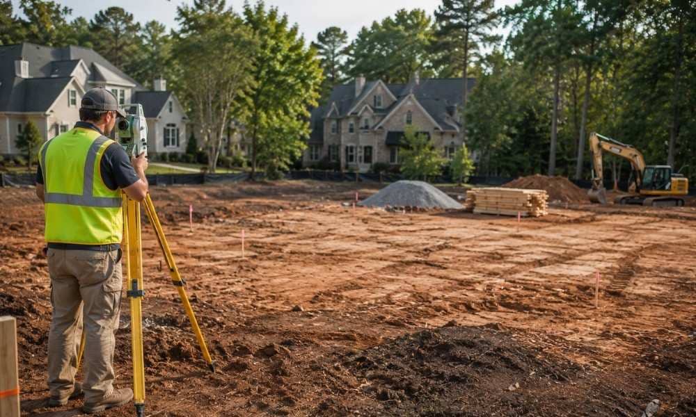 Surveyor conducting a construction survey on a new home site in Atlanta, Georgia