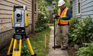 Find property lines side yard survey - ALTA SURVEY Georgia Land surveyor using surveying equipment to find property lines in a narrow side yard