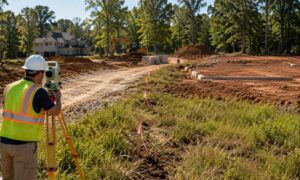 Surveyor conducting a property survey at a Georgia construction site where an easement may affect the planned build