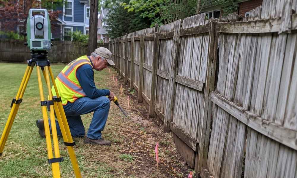 Surveyor for fence inspecting an old fence line in Atlanta to verify the property boundary before replacement