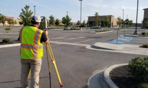 Topographic survey parking lot atlanta georgia - ALTA SURVEY Georgia Land surveyor using a total station for a topographic survey in a commercial parking lot in Atlanta, Georgia